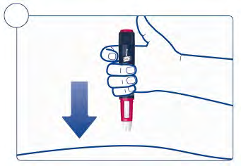 Mano che tiene un dispositivo iniettore blu e rosso con freccia blu rivolta verso il basso e linea curva sottostante