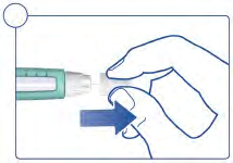 Dispositivo autoiniettante con ago inserito nella pelle e freccia blu che indica la direzione di iniezione