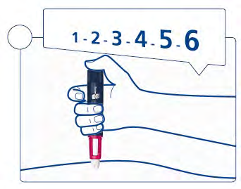 Mano che tiene un dispositivo penna per iniezione con numeri blu su sfondo bianco e parte del braccio visibile