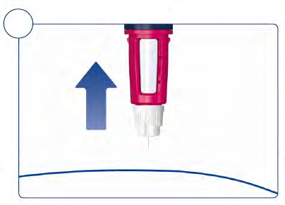 Penna iniettabile con pulsante rosso e freccia blu rivolta verso l