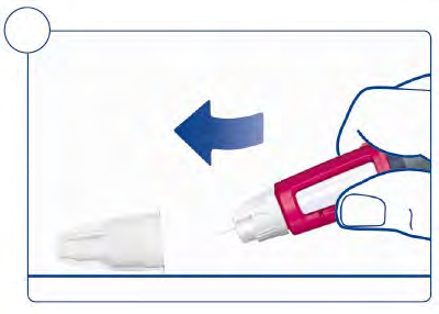 Penna per iniezione con ago esposto e freccia blu che indica la direzione di inserimento nella pelle