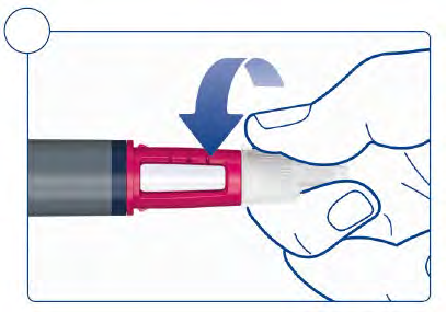 Dispositivo autoiniettante con cartuccia grigia e pulsante rosso premuto da un dito indice verso il basso