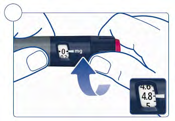 Penna per iniezione con display che indica 00 mg e freccia blu verso l