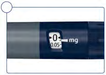 Penna iniettabile blu con display digitale che indica 0 mg e una freccia verso 0.05 mg