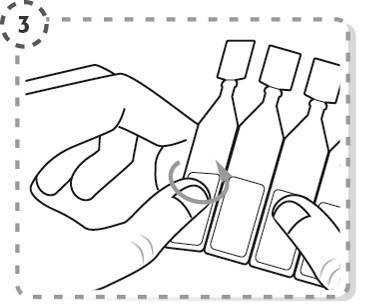Mano che afferra quattro fiale mediche trasparenti con una freccia curva che indica il movimento di rottura