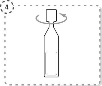 Fiala di vetro con tappo, freccia circolare indica rotazione per la rimozione del tappo stesso