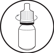 Flacone contagocce con tappo a vite e freccia curva che indica il senso di rotazione