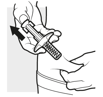 Mano che tiene una siringa preriempita con ago inserito nella cute del braccio con freccia che indica la direzione