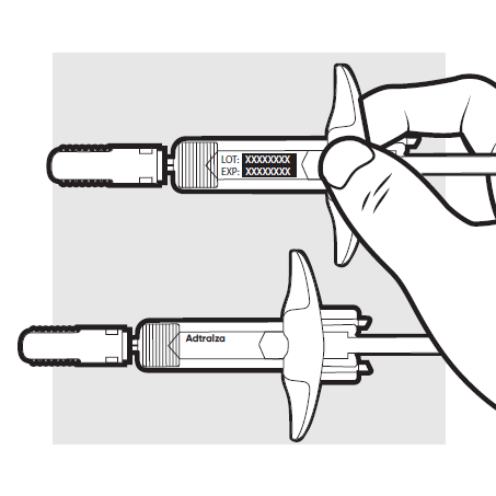 Siringa Adtralza con ago protetto e dispositivo di sicurezza bianco, tenuta in mano per l
