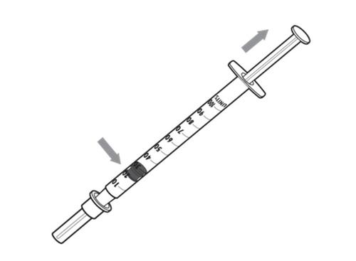 Siringa graduata con stantuffo e ago metallico, frecce grigie indicano la direzione di spinta e trazione del pistone