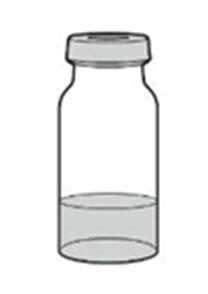 Fiala di vetro trasparente con tappo nero e liquido chiaro all