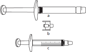 Siringa schematica con stantuffo e ago, vista laterale e frontale, con indicazioni di scala graduata e dettaglio dell