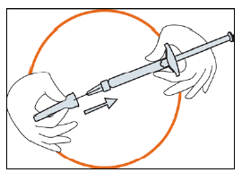 Siringa con ago che viene premuto verso il basso su un dispositivo di sicurezza arancione con freccia indicante la direzione