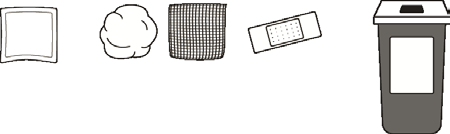 Tampone, batuffolo di cotone, contenitore per oggetti appuntiti, cerotto e bidone dei rifiuti grigio disposti in fila