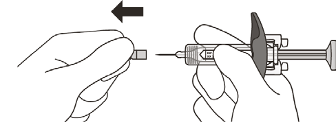 Mano che afferra una siringa preriempita con ago inserito nella pelle, freccia nera indica la direzione dell