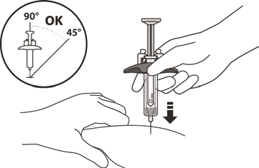 Mano che tiene un autoiniettore con ago inserito nella pelle, freccia indica la direzione di iniezione e cerchio mostra angolazioni corrette