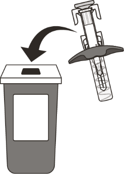 Siringa con ago rivolta verso un contenitore per rifiuti speciali con freccia indicante lo smaltimento corretto