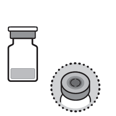 Fiala di medicinale con tappo grigio e cerchio tratteggiato contenente un tappo cilindrico grigio