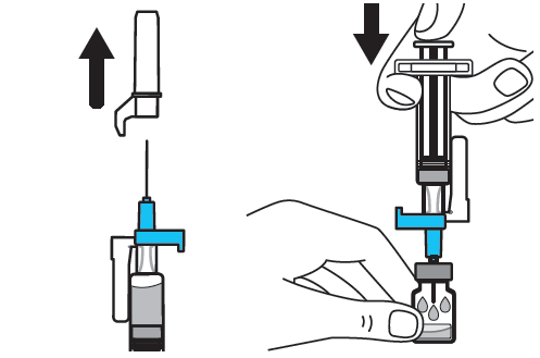 Dispositivo per iniezione con ago inserito nella pelle, frecce che indicano direzione di spinta e rilascio, mano che sostiene il dispositivo