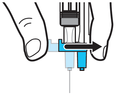 Mano che tiene un dispositivo blu a forma di penna con ago inserito e freccia che indica la direzione di iniezione