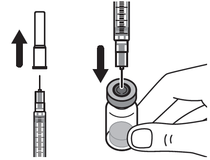 Siringa che preleva il farmaco da un flaconcino con ago inserito e freccia che indica la direzione del movimento