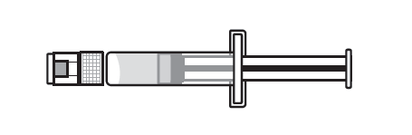 Siringa preriempita con stantuffo visibile e ago protetto da cappuccio di sicurezza trasparente
