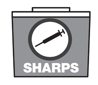 Contenitore grigio per oggetti taglienti con simbolo di siringa nera al centro e scritta bianca