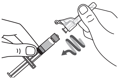 Mano che tiene una siringa preriempita con ago protetto e dispositivo di sicurezza attivato con freccia che indica la direzione