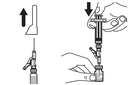 Siringa di insulina con ago collegato e penna iniettabile tenuta in mano, frecce indicano direzione di inserimento