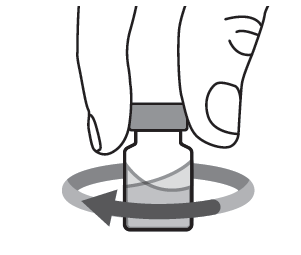 Mani che ruotano un flaconcino medicinale tra i palmi con freccia curva grigia che indica il movimento rotatorio