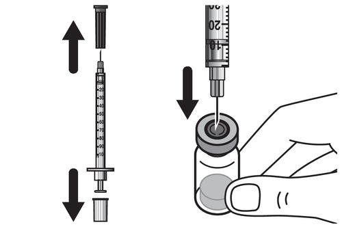 Siringa con ago che preleva farmaco da flaconcino tenuto da una mano, frecce indicano direzione di aspirazione e iniezione