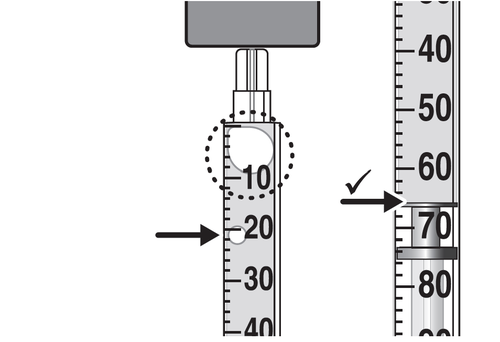 Siringa graduata con scala da 10 a 80 unit&agrave;, frecce che indicano il livello del liquido e un cerchio tratteggiato su 10 unit&agrave;