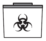 Contenitore per rifiuti sanitari con simbolo di bio pericolo nero al centro della superficie bianca