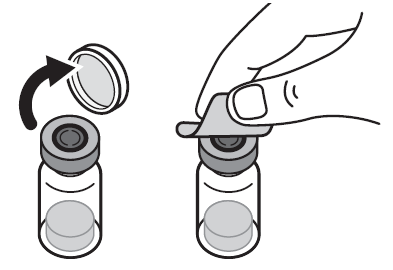 Fiala con tappo grigio e protezione in plastica, freccia che indica la rotazione del tappo per l