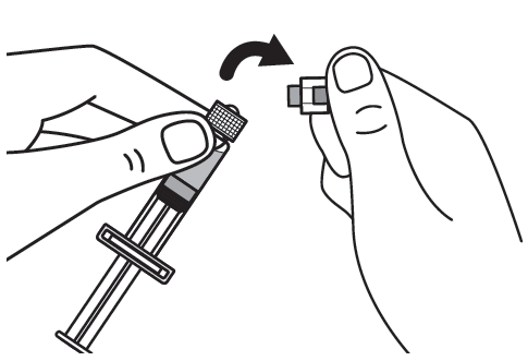 Mano che applica un ago su una siringa pre-riempita con un dispositivo di sicurezza trasparente e grigio