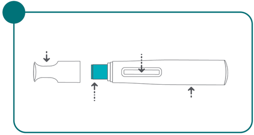 Penna iniettabile bianca con pulsante blu e frecce che indicano le parti rimovibili e il punto di iniezione