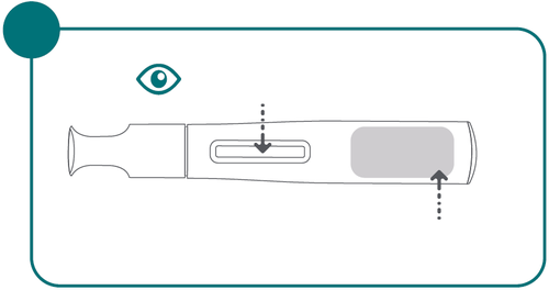Dispositivo medico a forma di penna con finestra di visualizzazione e pulsante di rilascio indicato da freccia