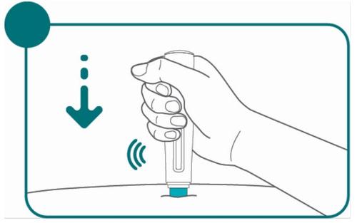 Mano che tiene un dispositivo autoiniettante con indicazione della pressione e freccia direzionale verso il basso