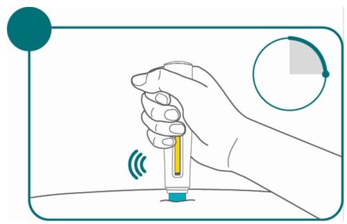 Mano che tiene un dispositivo penna per iniezione con ago visibile e indicazione di attivazione tramite onde sonore