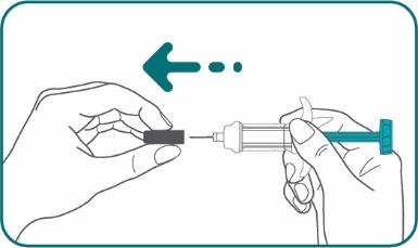 Mano che tiene una siringa preriempita con ago inserito, freccia blu indica direzione di iniezione sottocutanea