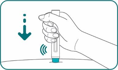 Mano che tiene un dispositivo autoiniettante blu con freccia verso il basso e onde sonore che indicano l
