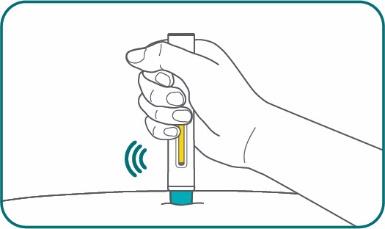 Mano che tiene un dispositivo autoiniettante con liquido giallo visibile e simbolo di attivazione a onde sonore