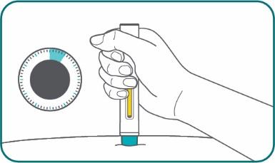 Mano che tiene un dispositivo autoiniettante con indicatore di dose e ago inserito nella pelle