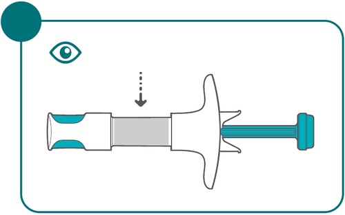 Siringa pre-riempita con stantuffo retratto e ago esposto rivolto verso il basso con freccia indicante la direzione
