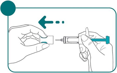 Mani che preparano una siringa preriempita, con ago protetto, freccia blu indica direzione di estrazione del cappuccio protettivo