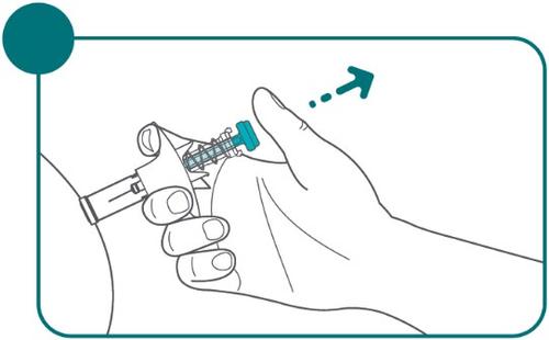 Mano che tiene un dispositivo medico blu e bianco con ago, freccia che indica la direzione di inserimento e schema di connessione