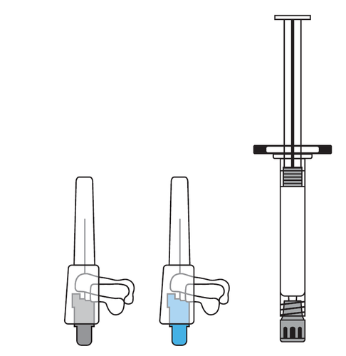 Siringa medica con ago nero, mostrata in tre fasi di estrazione del pistone e del liquido blu all