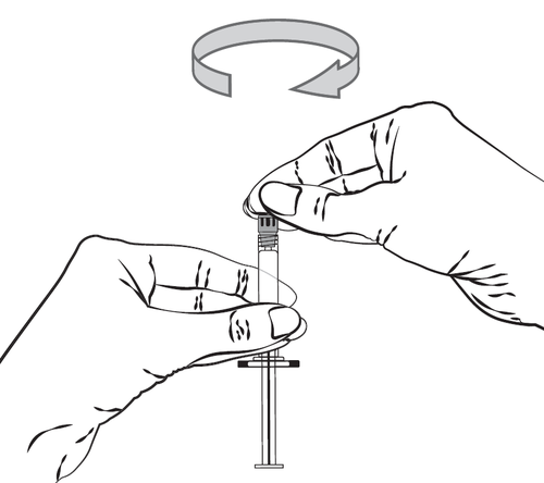 Mano che ruota un flaconcino di vetro con stantuffo e ago, freccia curva indica il movimento rotatorio per la miscelazione