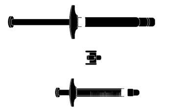 Siringa con stantuffo e ago, vista laterale e frontale, con indicazioni di scala graduata e tappo protettivo