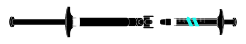 Siringa schematica con pistone nero, corpo cilindrico e ago evidenziato da un nastro azzurro sul punto di iniezione